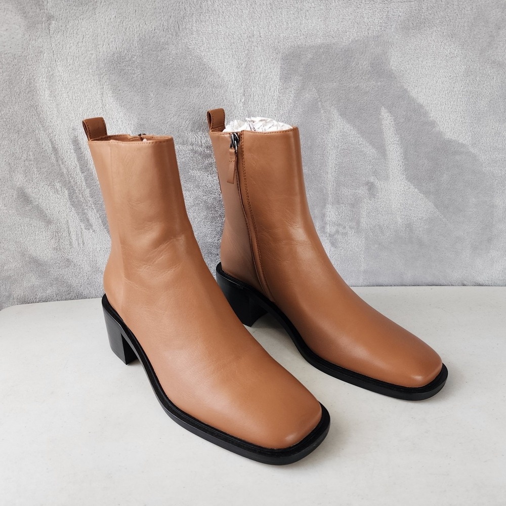 Everlane The City Boots Womens Size 9.5 Saddle Brown Leather Ankle Heel Zip NIB - Picture 4 of 13